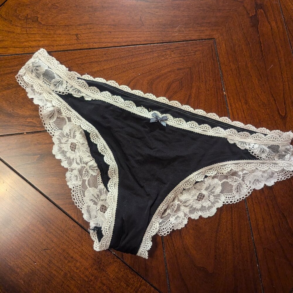 Victoria's Secret Black Cheekini Bikini w/White Lace Trim. Size: Medium.